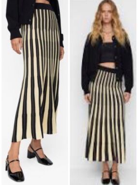 Mango Striped Knitted Maxi Skirt in Black & Cream Metallic Size L EUC